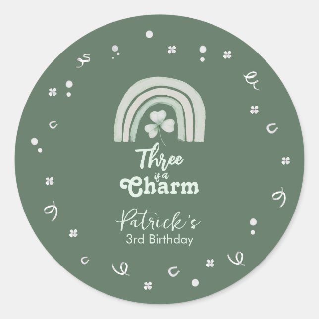 Sticker Rond Three Is A Charm Shamrock Any Age Birthday (Devant)