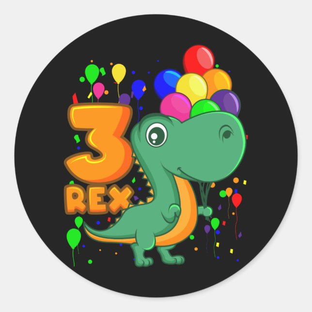 Sticker Rond THREE REX 3 Year Old 3rd Birthday Boy Dino (Devant)