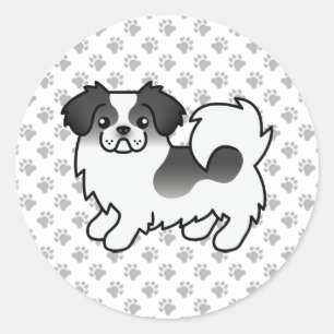 Sticker Rond Tibétain Spaniel Parti-Coleur Noir Chien de Dessin