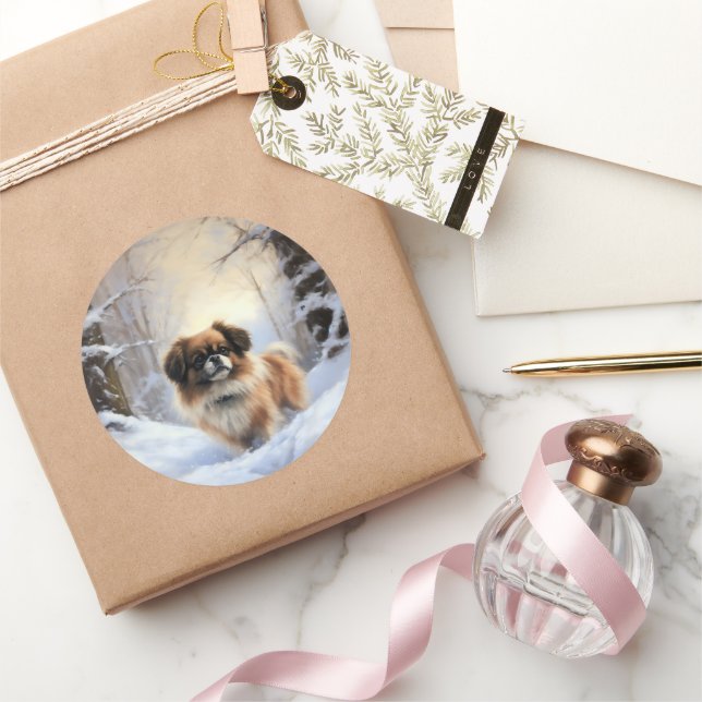 Sticker Rond Tibetan Spaniel Qu'il neige Noël  (Cadeaux)