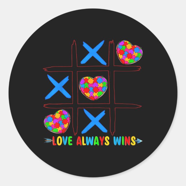 Sticker Rond Tic-tac-toe Amour toujours gagne Puzzle Autisme Se (Devant)