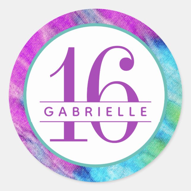 Sticker Rond Tie Dye 16e anniversaire Personnalisé Purple Anniv (Devant)