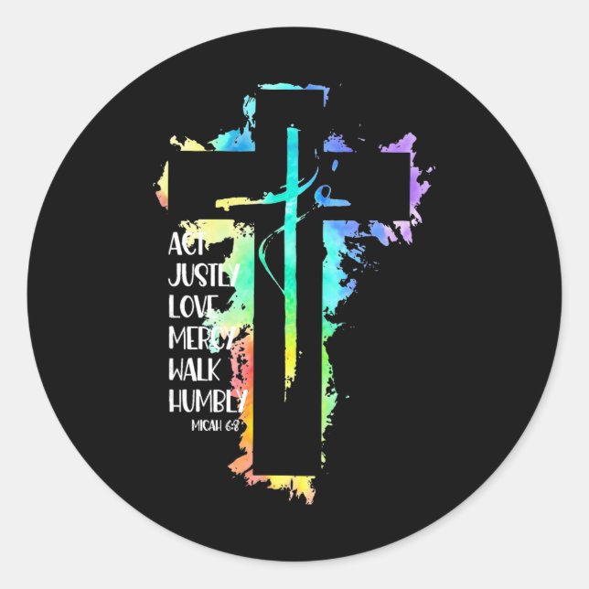 Sticker Rond Tie Dye Croix Michée 68 Agir avec justice Écriture (Devant)