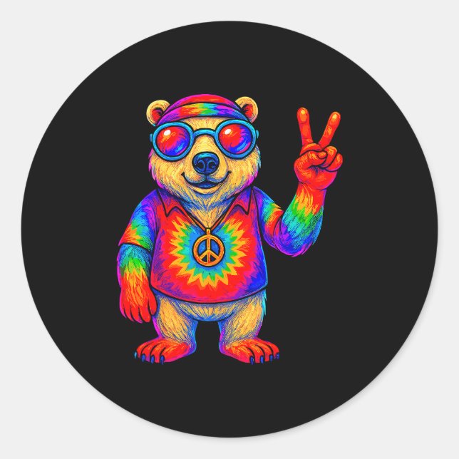 Sticker Rond Tie-dye Lar Bear Peace Sign Hip  (Devant)