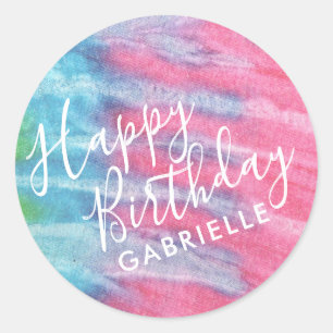 Sticker Rond Tie Dye Pink Joyeux anniversaire personnalisé