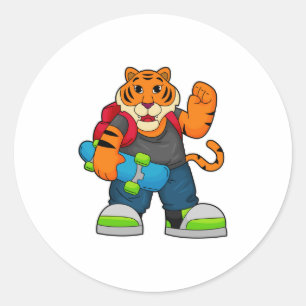 Sticker Rond Tiger comme patineur avec skateboard