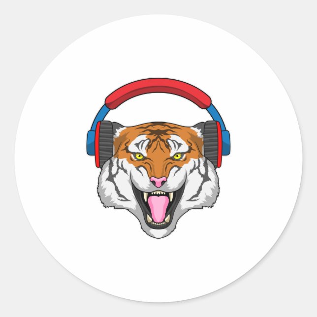 Sticker Rond Tiger en musique avec casque (Devant)