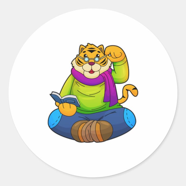 Sticker Rond Tiger Nerd avec Livre (Devant)