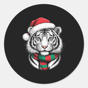 Sticker Rond Tiger Noël Noël Chapeau F Costume de Noël
