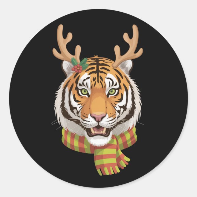Sticker Rond Tiger Reindeer Christmas Animal With Antlers Xmas  (Devant)