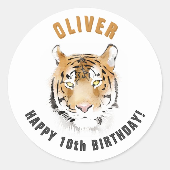 Sticker Rond Tiger Tête Aquarelle Nom Anniversaire (Devant)