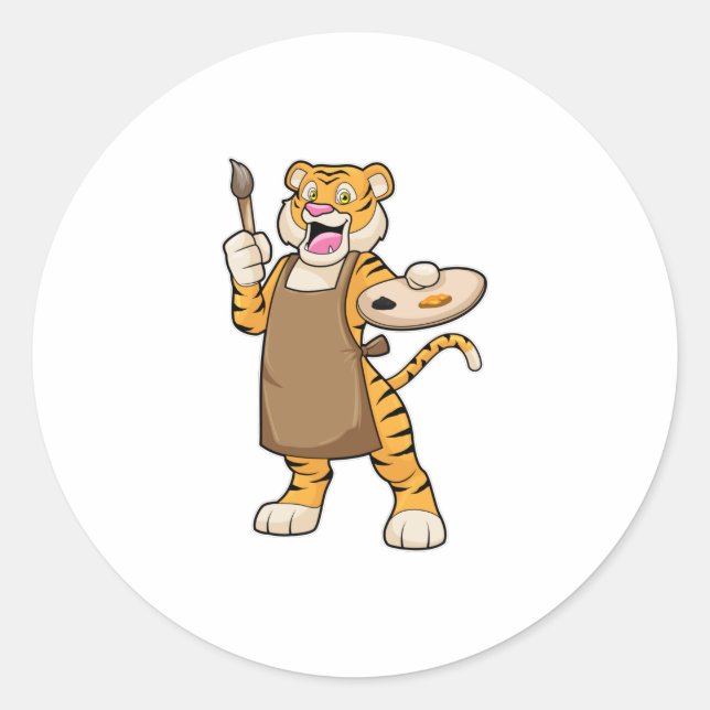 Sticker Rond Tigre à la peinture avec peinture et pinceau (Devant)