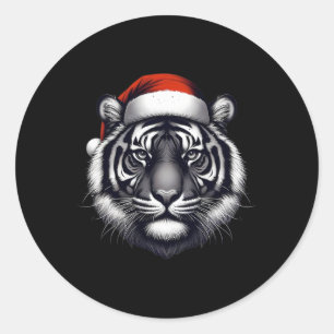 Sticker Rond Tigre avec chapeau de Père Noël Noël Xmas amateur 