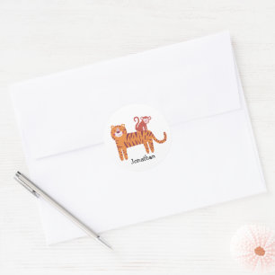 Sticker Rond Tigre avec nom personnalisé mignon avec singe sur