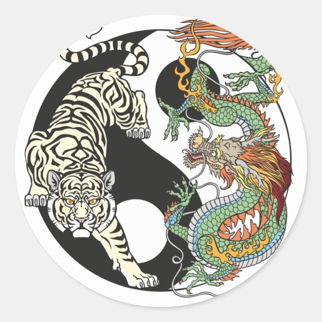 Sticker Rond Tigre blanc contre dragon vert dans le Yin yang cl (Devant)