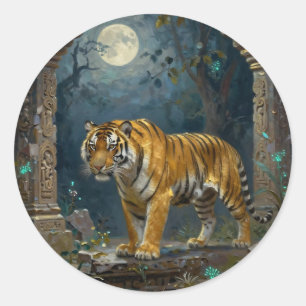 Sticker Rond Tigre dans les dunes anciennes sous la pleine lune