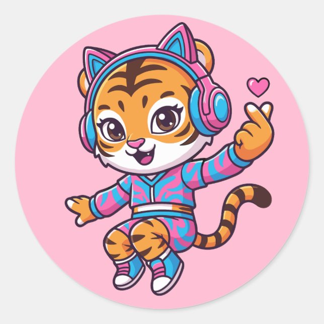 Sticker Rond Tigre dansant K-pop (Devant)