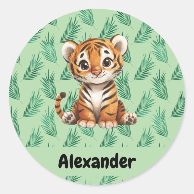 Sticker Rond Tigre de dessin mignon sur Feuilles tropicaux (Devant)