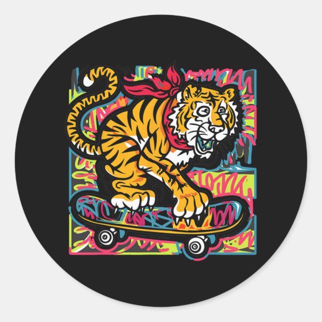 Sticker Rond Tigre drôle et cool avec graffiti de skateboard de (Devant)