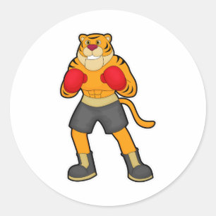 Sticker Rond Tigre en boîte avec gants de boxe