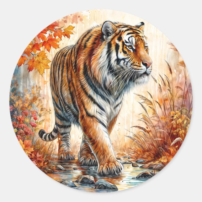 Sticker Rond Tigre Marcher Dans L'Art D'Automne (Devant)
