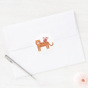 Sticker Rond Tigre mignon avec singe sur le dos