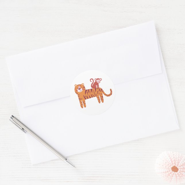 Sticker Rond Tigre mignon avec singe sur le dos (Enveloppe)