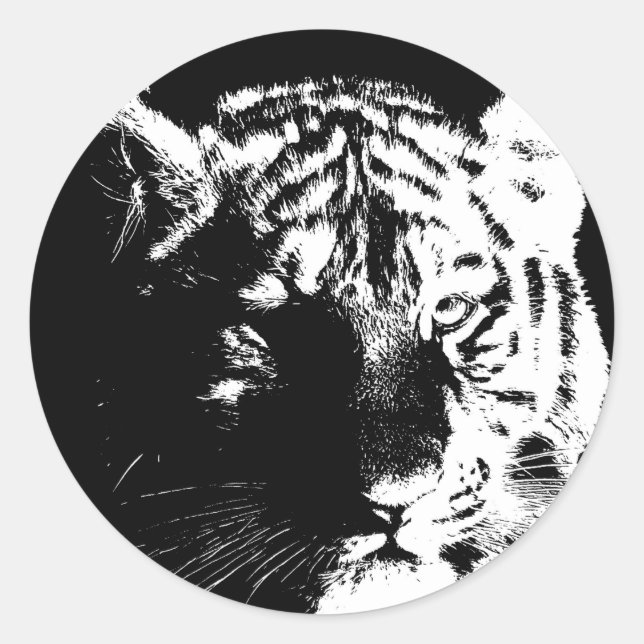 Sticker Rond Tigre noir et blanc Pop Art (Devant)