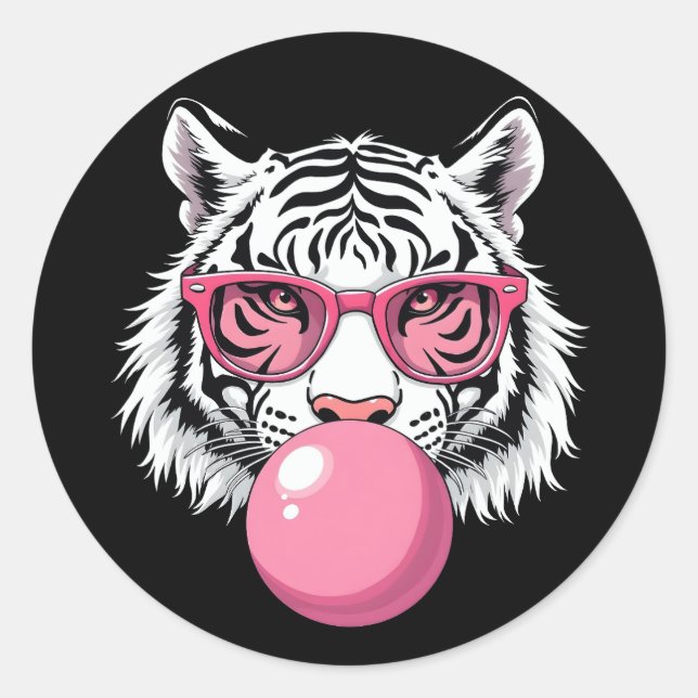 Sticker Rond Tigre Portant des lunettes et soufflant de la gomm (Devant)