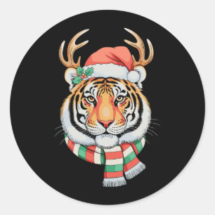 Sticker Rond Tigre Renne Noël Chapeau Santa Fêtes de fin d'anné