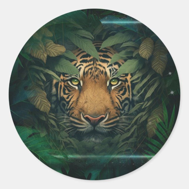 Sticker Rond Tigre se cachant dans le feuillage                (Devant)