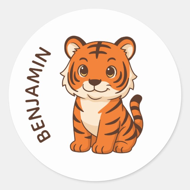 Sticker Rond Tigreau Mignon Nom Personnalisé (Devant)