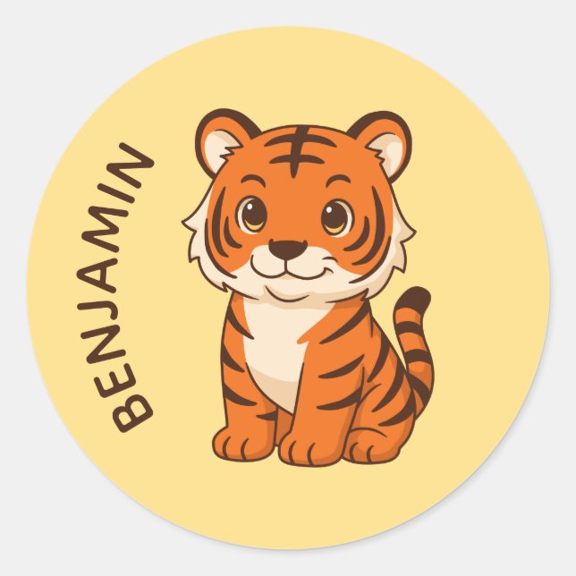 Sticker Rond Tigreau Mignon Nom Personnalisé Jaune (Devant)