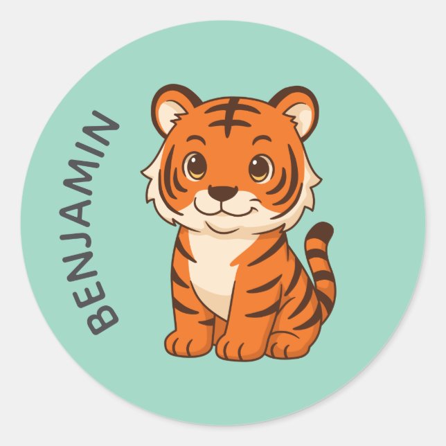 Sticker Rond Tigreau Mignon Nom Personnalisé Vert (Devant)