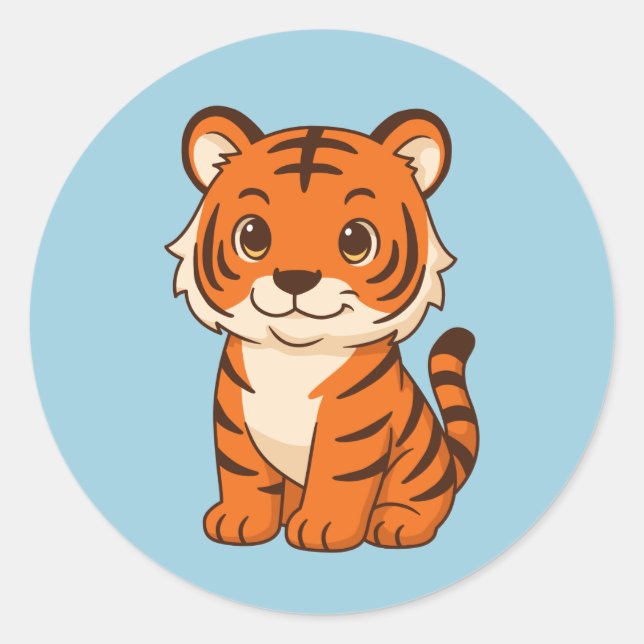 Sticker Rond Tigreau mignon sur fond bleu (Devant)