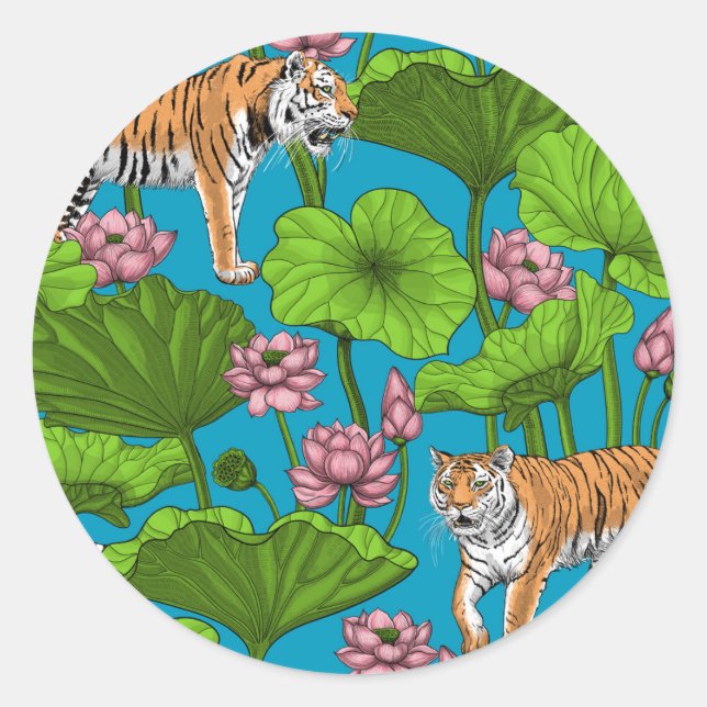 Sticker Rond Tigres dans l'étang rose lotus (Devant)