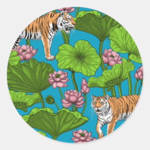 Sticker Rond Tigres dans l'étang rose lotus