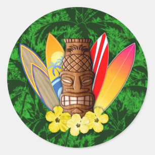 Sticker Rond Tiki Mask and Surfboards