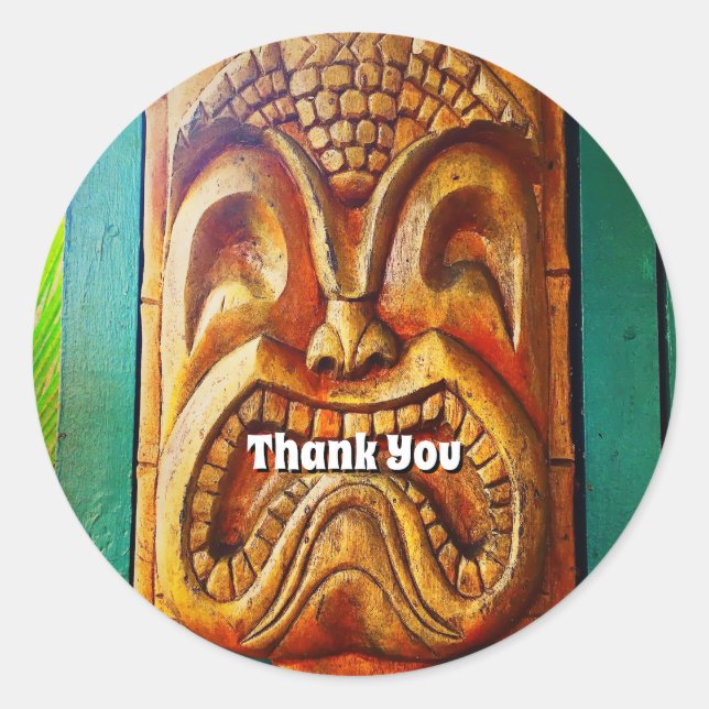Sticker Rond Tiki Merci Fun Cool Hawaii Tropical Wood Face (Devant)