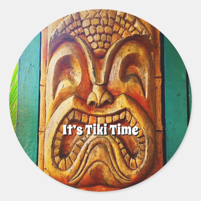 Sticker Rond Tiki Time Hawaii Fun Retro Tropical Wood Face (Devant)