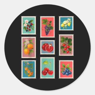 Sticker Rond Timbre de fruits d'été Timbre de fruits vintage