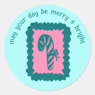 Sticker Rond Timbre de Noël Fantaisiste Merry Bright Douce Pers