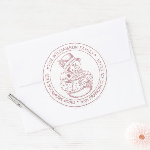 Sticker Rond Timbre de retour d'adresse Noël Bonhomme de Neige