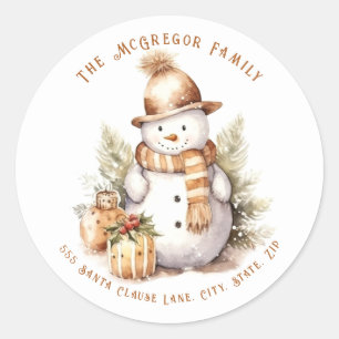 Sticker Rond Timbre de retour de Noël bonhomme de neige doré