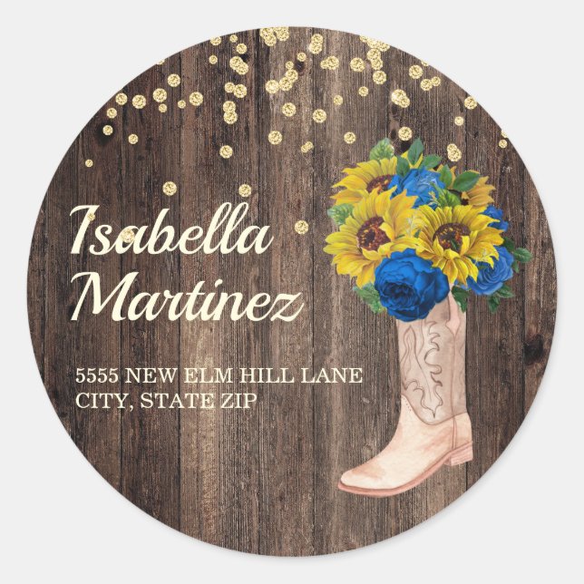 Sticker Rond Timbre de Sunflower Rustique Roses Bleues Bottes A (Devant)