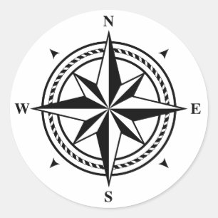 Sticker Rond Timbre-poste rose compas noir et blanc