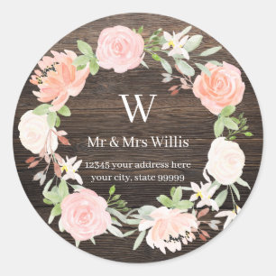 Sticker Rond Timbres de Adresse de Retour en Bois Rose Foncé Mo