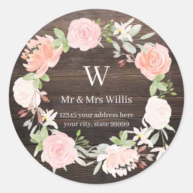 Sticker Rond Timbres de Adresse de Retour en Bois Rustique Rose (Devant)