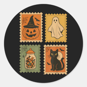 Sticker Rond Timbres rétro Halloween Citrouille Fantôme Chat No