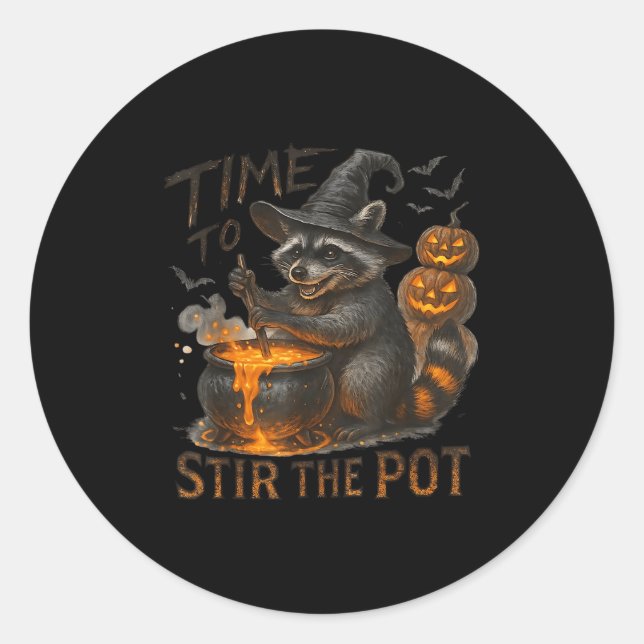 Sticker Rond Time To Stir T Funny Raccoon Retro Halloween Anima (Devant)